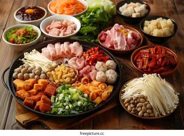 A variety of ingredients are arranged on a large plate and bowls on a wooden table.