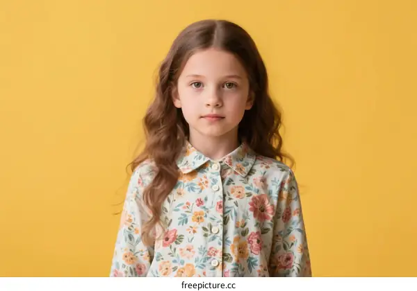 Little girl with long curly hair in floral shirt against yellow background