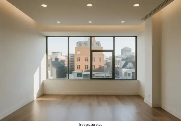 Spacious empty room with large windows overlooking city buildings
