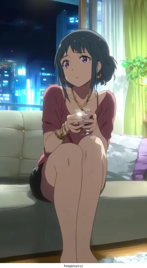 Anime Girl Sitting on Sofa with City View