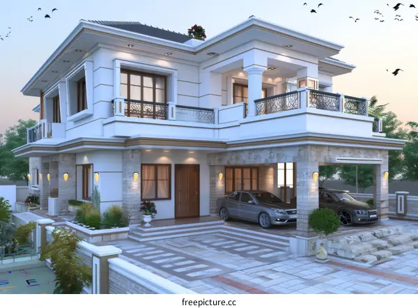A 3D rendering of a white modern style villa