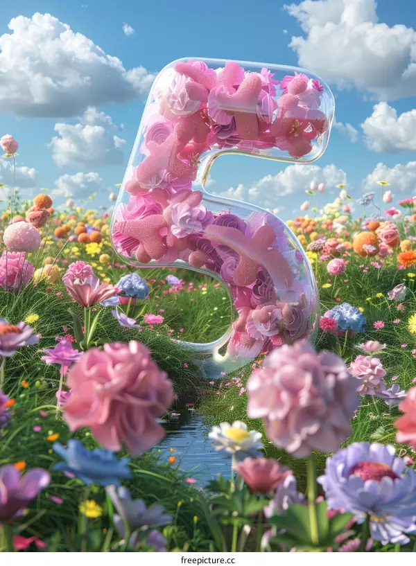 Surreal Pink Glass Number 5 Sitting in a Field of Flowers