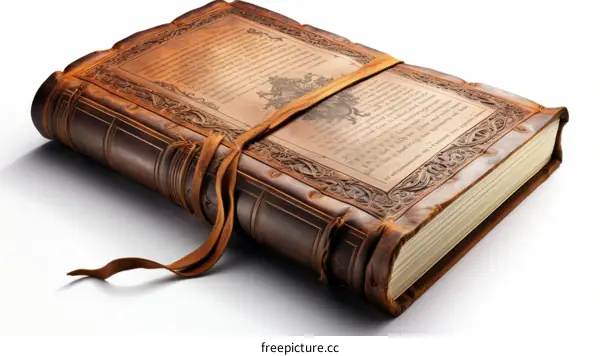 ornate leather book cover with decorative metal clasps