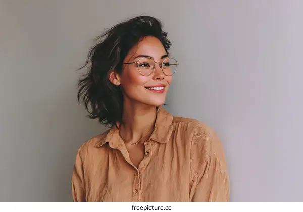 Smiling Asian Woman in a Light Beige Button-Down Shirt
