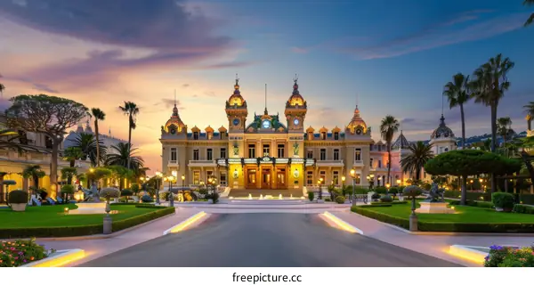 European-style buildings and palm trees under the sunset in Monte Carlo