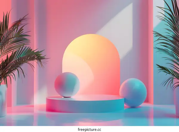 Abstract Geometric Shapes With Pastel Colors And Palm Leaves