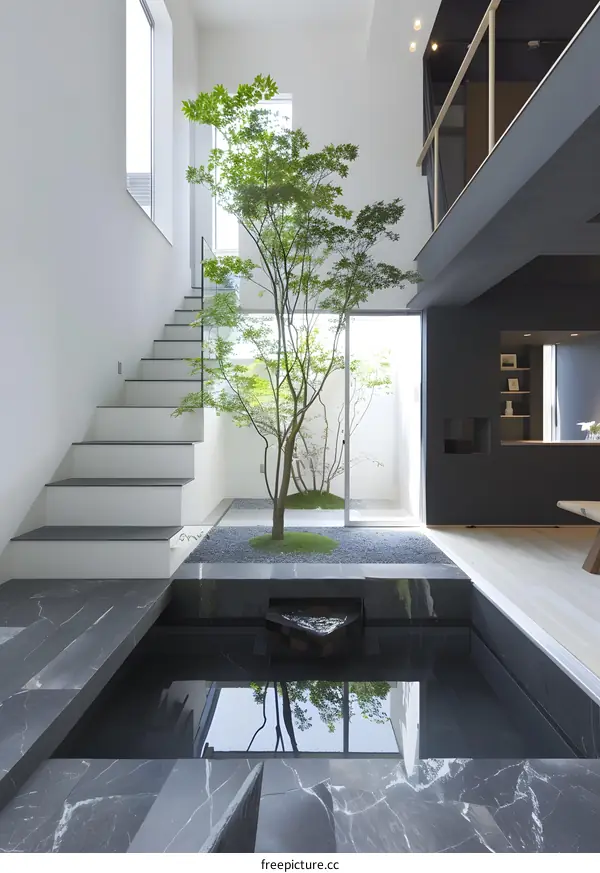 Modern Interior Design with Small Tree and Water Feature