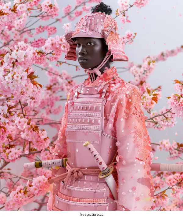 Black female samurai in pink samurai armor and helmet with cherry blossoms