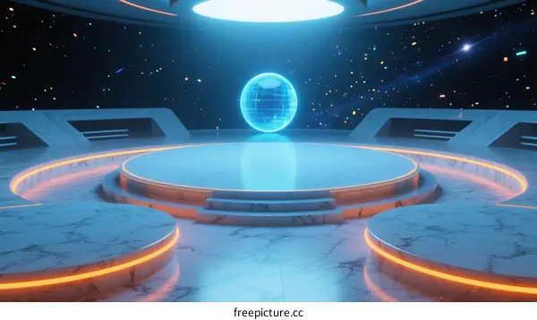 Futuristic Round Platform with Holographic Globe in Space