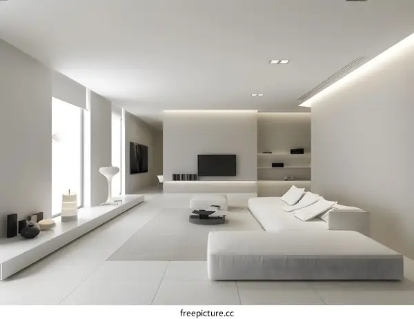 Modern Minimalist Living Room Interior Design With White Sofa And Floor Lamp