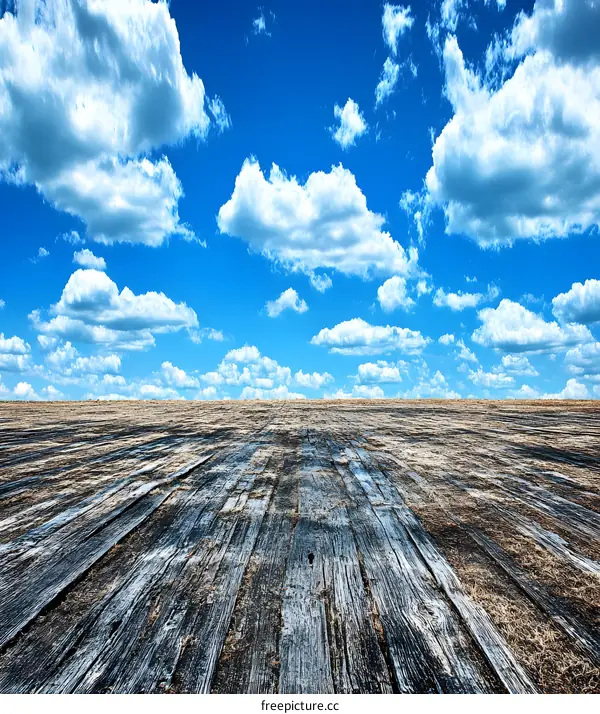 Wooden Floor with Blue Sky and Clouds