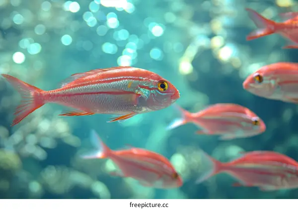 A school of red fish swim in the ocean