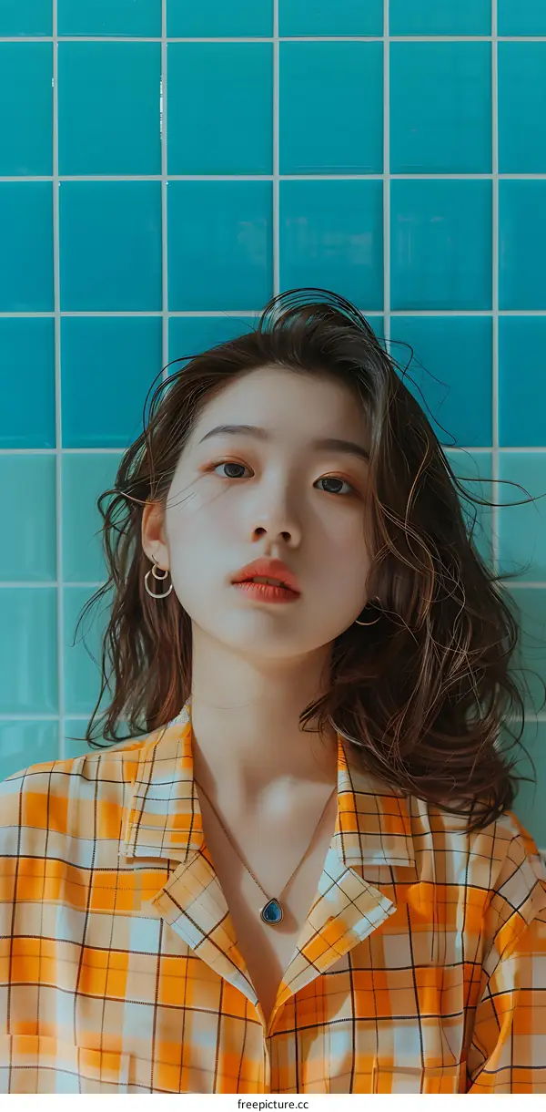 Young Asian Woman with Brown Hair and Plaid Shirt Looking at Camera in Front of Blue Tile Wall