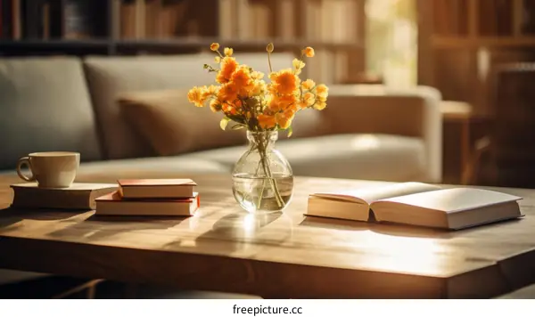 Still life with flowers and books