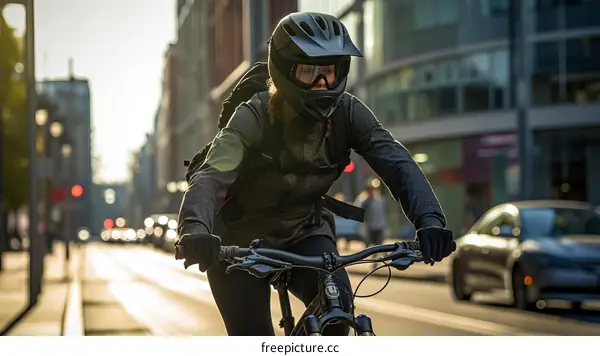 A cyclist rides a bike down a city street