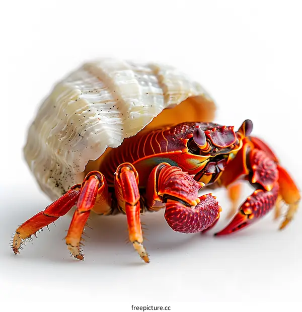 A red hermit crab with a white background