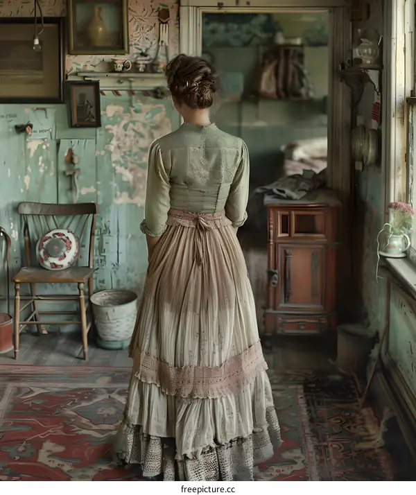 A woman wearing a vintage dress