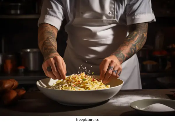 Tattooed chef finishing pasta dish