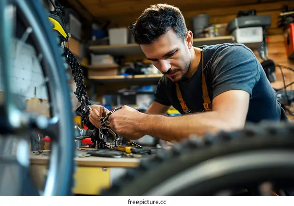 Man Fixing Bicycle Chain In Workshop