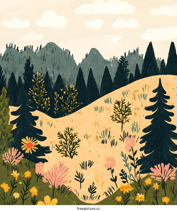 Mountain Meadow with Flowers and Trees