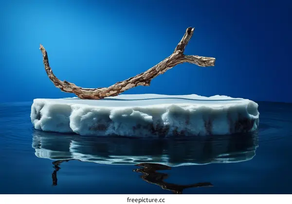 A Branch on an Ice Floe Against a Deep Blue Sky