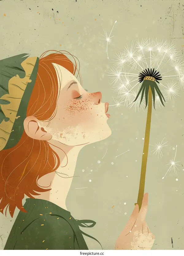 Redhead Girl Blowing Dandelion Seeds in Nature