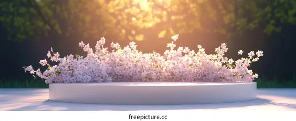 Spring Cherry Blossoms on a White Display Platform