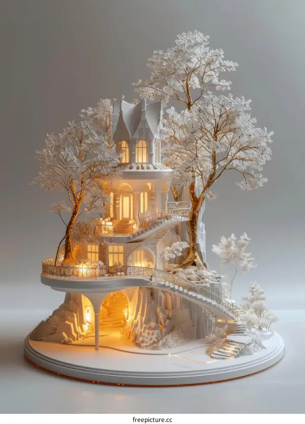 Enchanted White Castle in a Snowy Forest