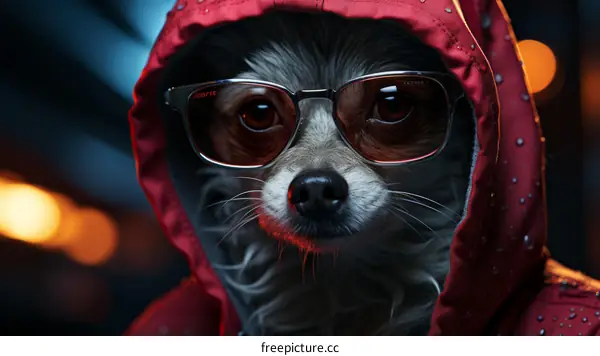 A raccoon dog wearing a red raincoat and sunglasses