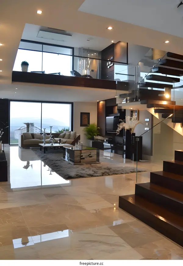 Modern Interior Design with Wooden Stairs and Marble Floors