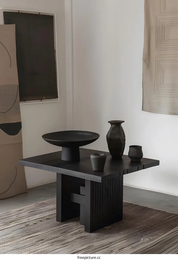 Black Wooden Coffee Table with Vases and Bowl