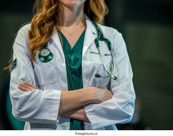 Confident female doctor in white coat with stethoscope