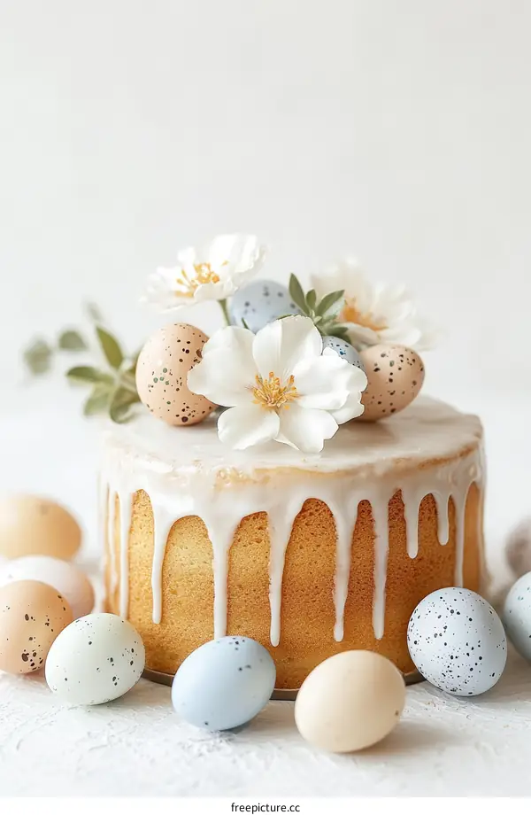 Elegant Easter Cake Decorated with Flowers and Eggs