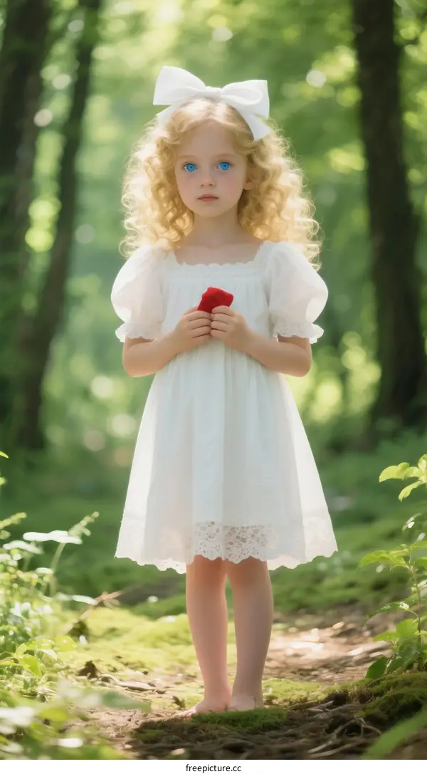 Little girl with curly hair holding red rose in forest