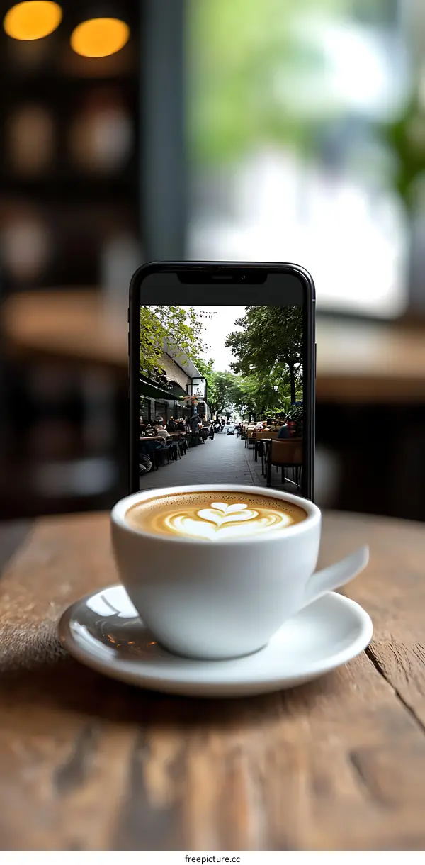 Phone Showing City Street Scene With Cup of Latte on Table