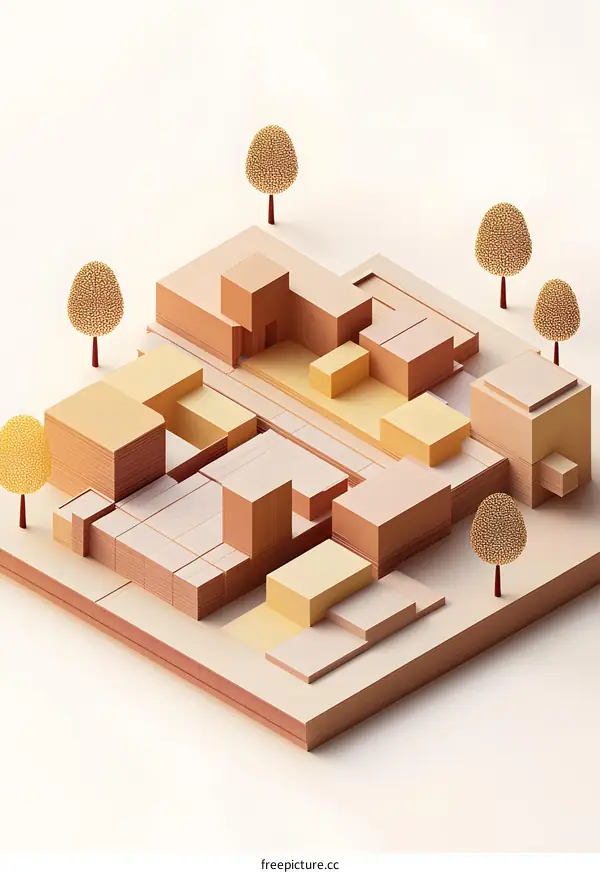 Abstract Minimalist Cityscape Illustration with Geometric Buildings and Trees