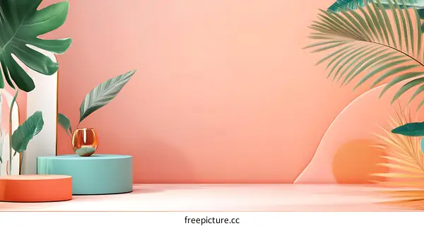 Pink and Green Tropical Background with Empty Stage