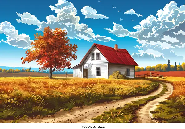 Autumn Landscape with a White House and a Red Roof