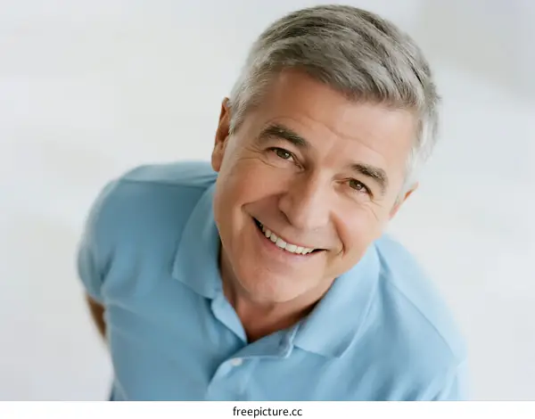 A smiling middle-aged man wearing a light blue polo shirt