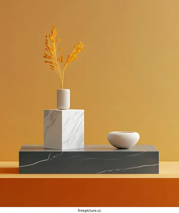 Minimalist  Dried Flower  Arrangement with White Marble Vase and  Beige  Background