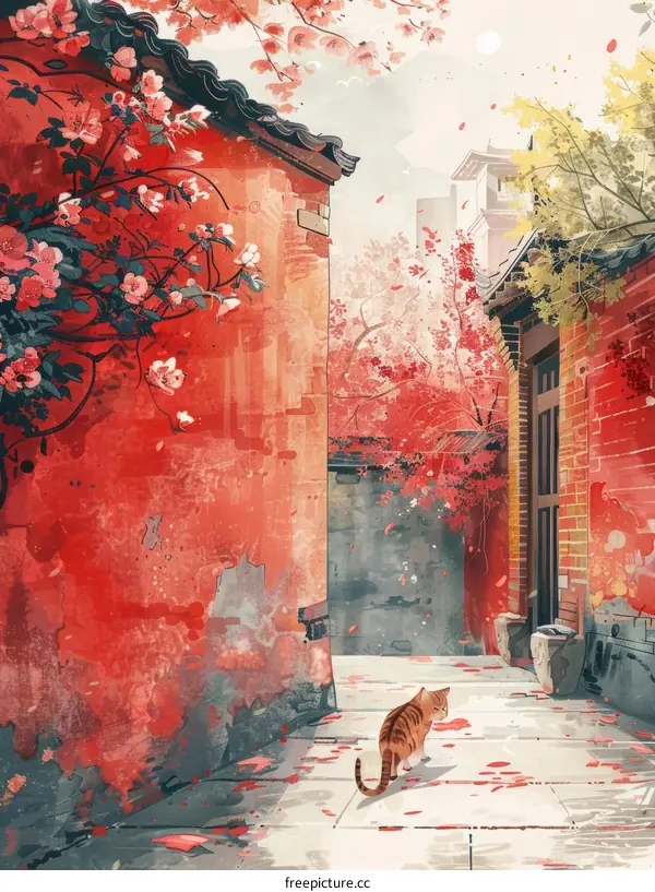 A cat walking in an alley with red walls and pink cherry blossoms