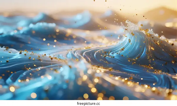 Blue Ocean Waves with Golden Sparkles and Abstract Patterns