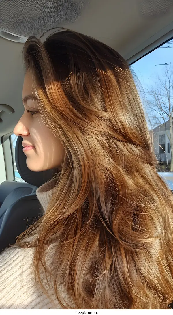 Long Brown Hair Woman Sitting in Car