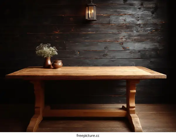 Rustic Wooden Dining Table Against Dark Wood Wall