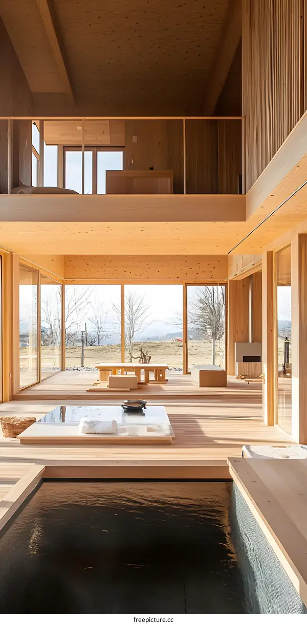 Modern Japanese Home Interior Design with Wooden Floors and a Plunge Pool