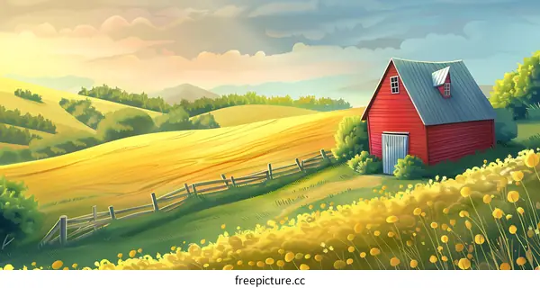 Red Barn in a Field of Yellow Flowers