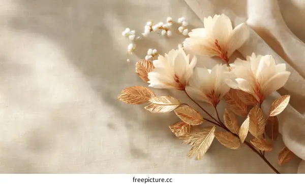Delicate Cream and Gold Paper Flower Arrangement on Beige Linen