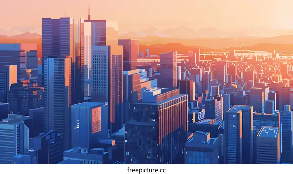 Sunset Cityscape with Skyscrapers and Mountains