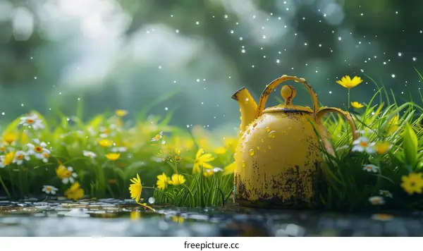 Yellow kettle in the rain with flowers