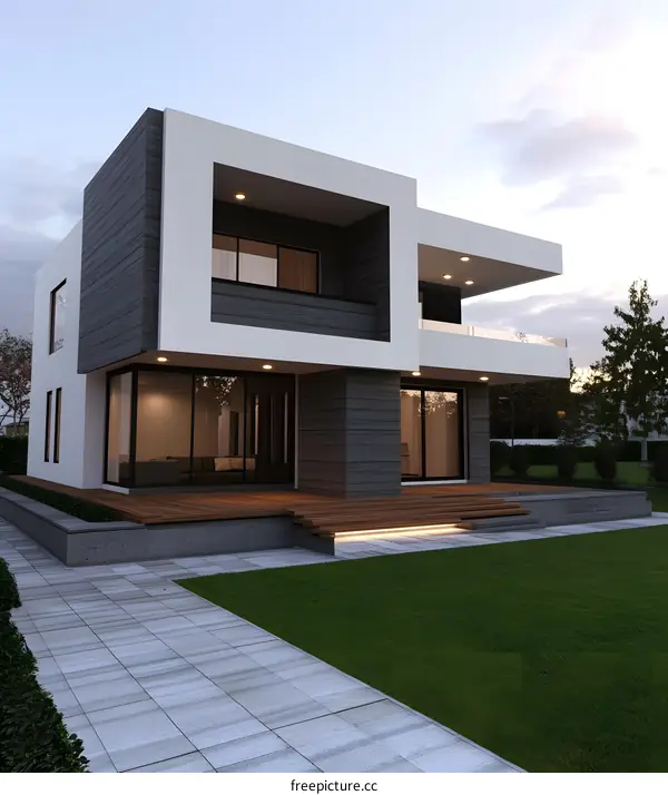 Modern House Design with Grey and White Exterior and Wooden Deck